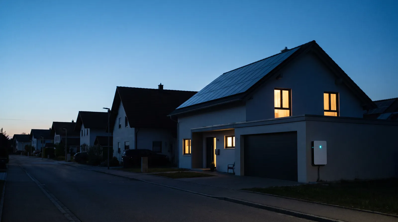 Wohnstraße in der blauen Stunde während eines Stromausfalls: Die Nachbarhäuser sind dunkel, nur ein Haus mit Photovoltaik-Dach hat Licht in den Fenstern, an seiner Garage hängt ein Stromspeicher.